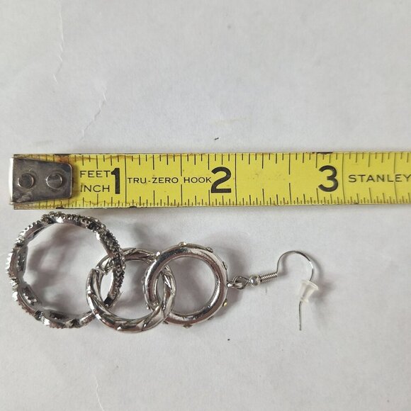 Silver Tone Triple Hoop Chain Link Dangle Earrings Rhinestones - Picture 3 of 3